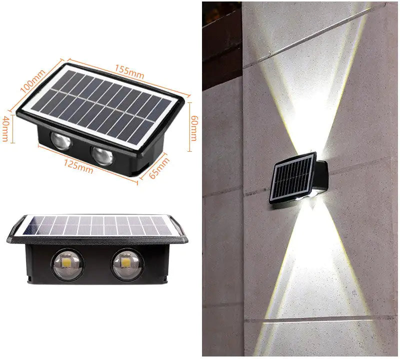 Product collage of a solar-powered outdoor wall light: a small rectangular solar panel lamp with two LED lenses and labeled dimensions, plus an example installed on a wall projecting bright up-and-down beams at night.
