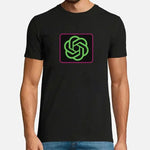A black graphic T-shirt featuring a neon-style green interlocking knot logo inside a pink-outlined square on the front.