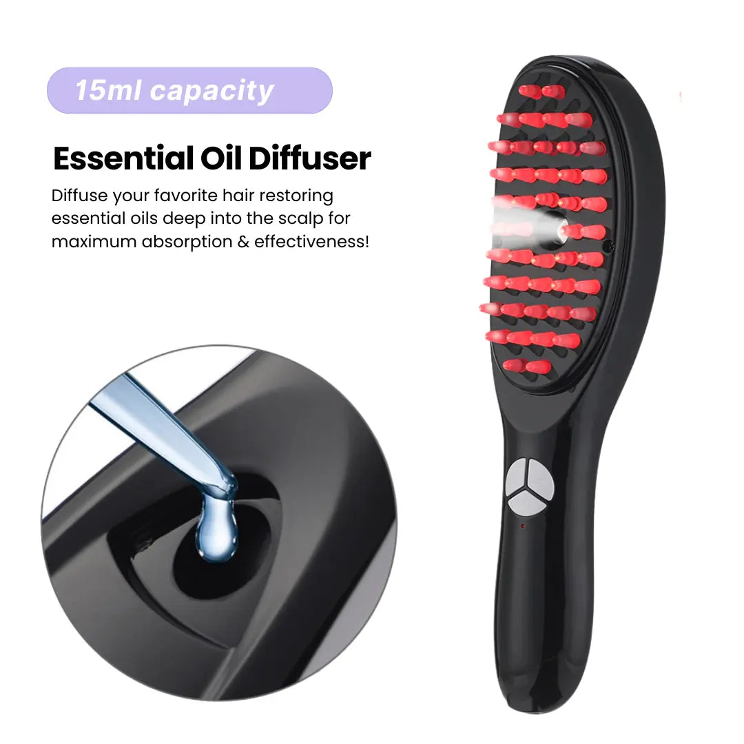 Ad graphic for a black scalp massage brush with red silicone bristles and a built-in essential oil diffuser emitting mist; text reads “15ml capacity” and “Essential Oil Diffuser” with a close-up inset of oil being dropped into the reservoir.
