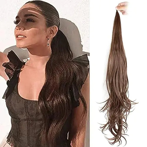 Woman wearing a long wavy dark-brown ponytail extension, shown beside a matching hairpiece held up by a hand on a white background.