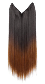 Long, straight hair extension piece with a V-shaped top and an ombré color fade from dark brown/black at the roots to warm copper-brown at the ends, shown on a white background.