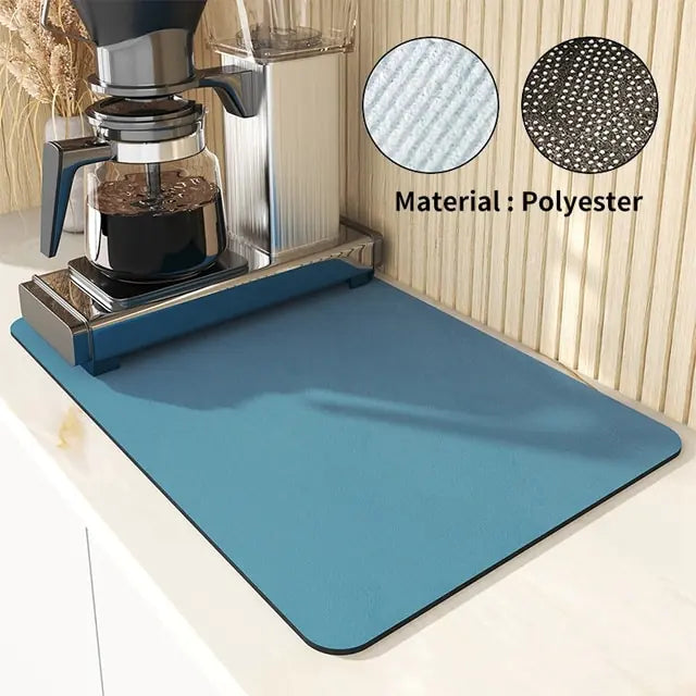 Plain grey rectangular polyester mat placed under a coffee machine on a kitchen worktop, with close-up fabric texture and anti-slip backing details shown.