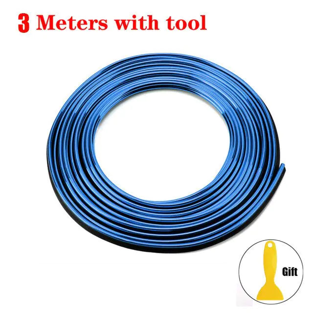 Coiled blue car trim molding strip labeled “3 Meters with tool,” with a small inset showing a yellow installation tool.
