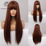 Long straight auburn brown wig with full fringe, shown on a mannequin head from front, side, and back views, with smooth natural-looking length and finish.
