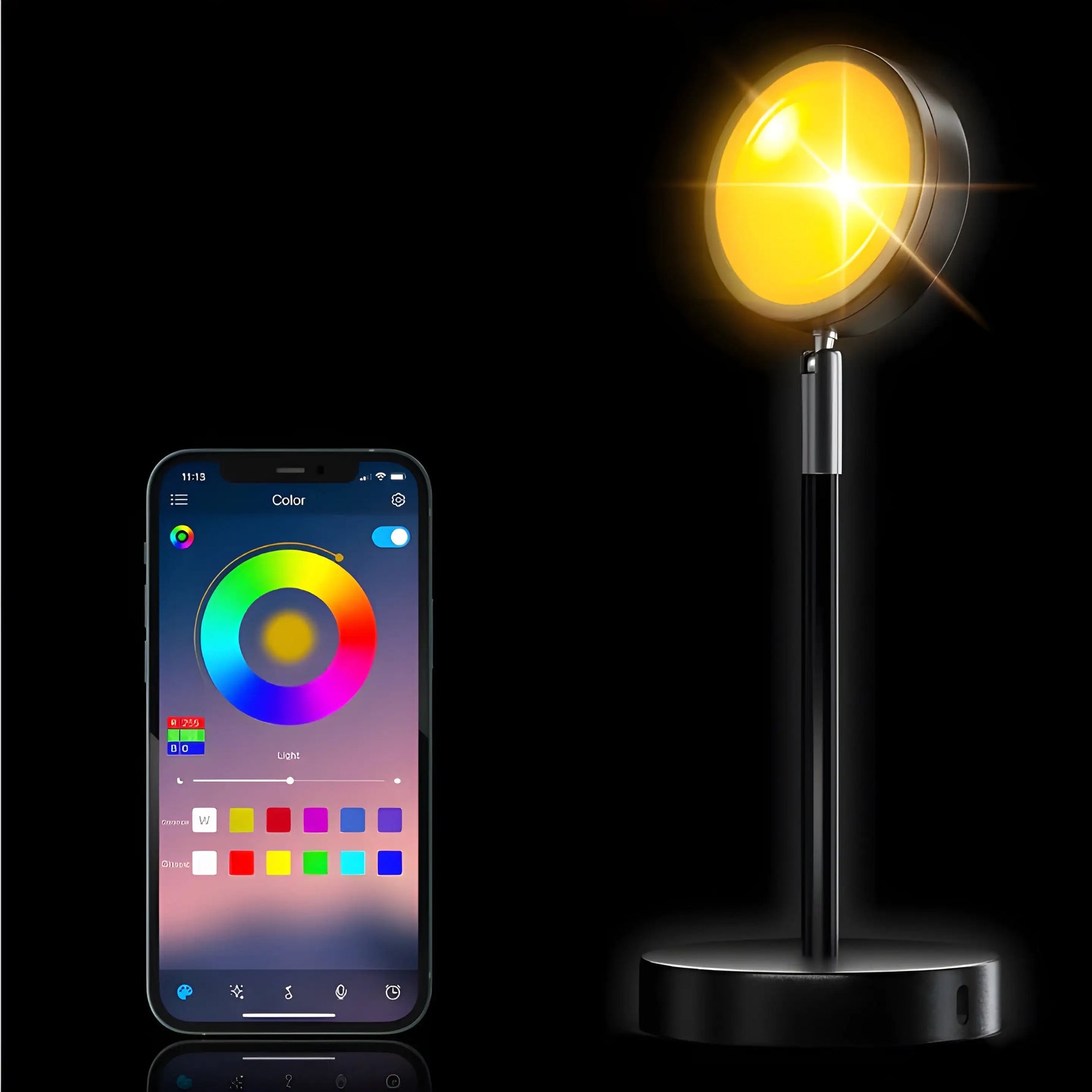 Smart LED table lamp with a round base, slim stem, and circular light head, shown with app-controlled colour settings on a smartphone screen.