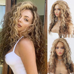 A woman wearing a curly ombré wig with dark roots and blonde highlights, shown in a side profile. On the right, two mannequin heads display a similar wig from the front and side angles.