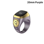 Purple smart ring with gold accents and a small black display showing “99,” labeled “20mm Purple” on a white background.