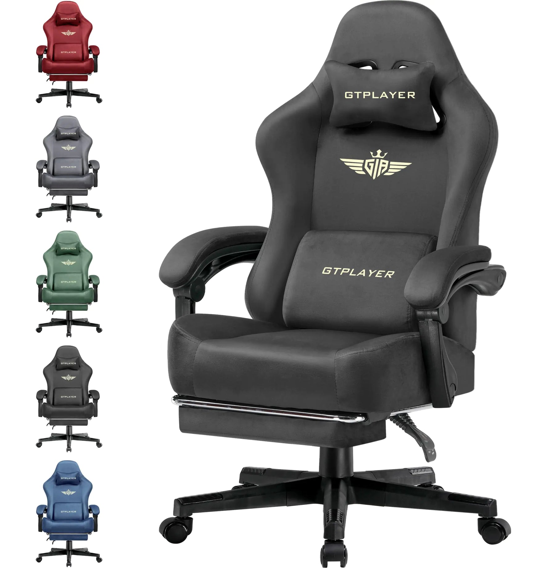 Black gaming chair with GTPLAYER logo, surrounded by smaller images of the chair in different colors on a white background.