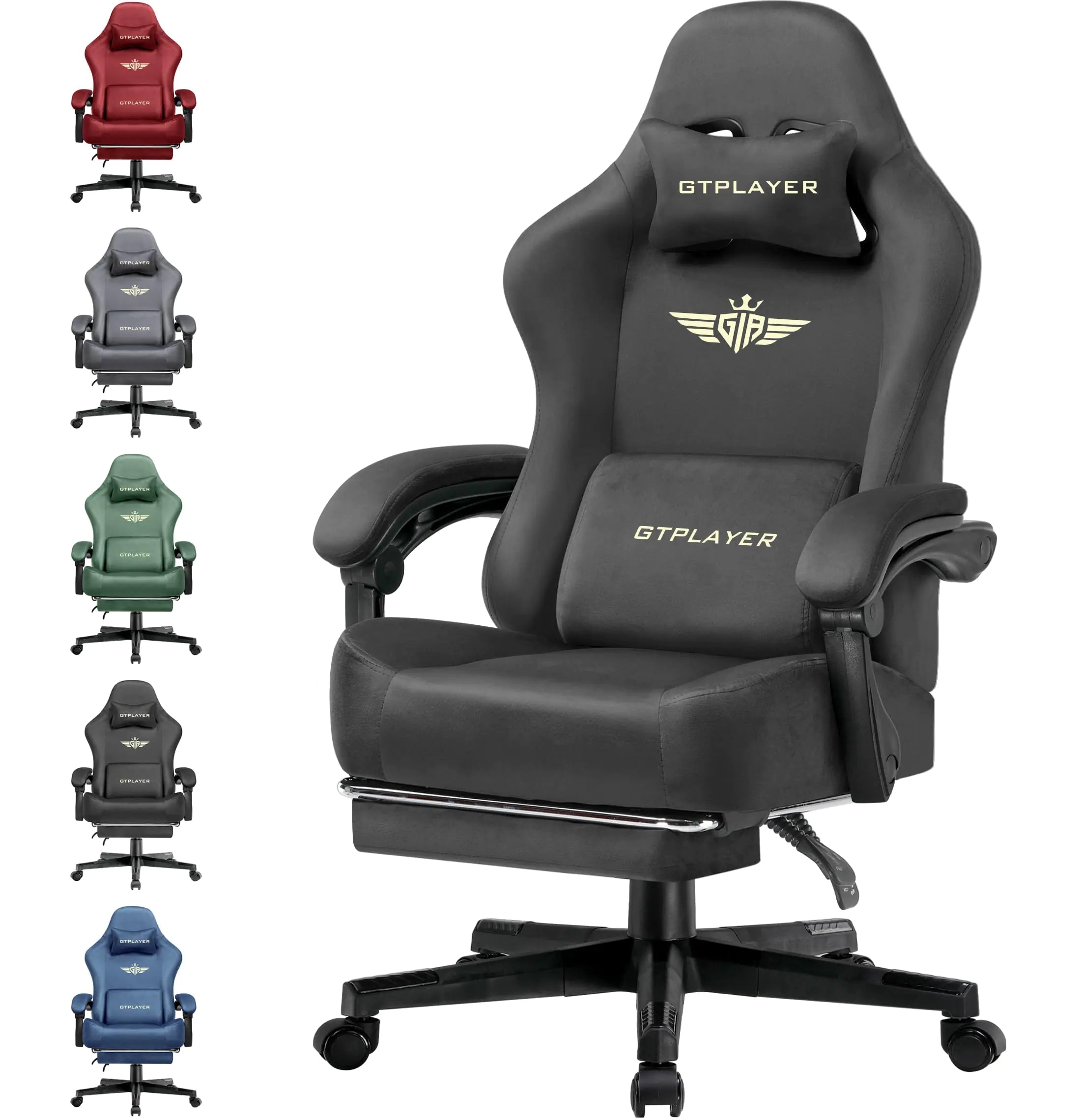 Black gaming chair with GTPLAYER logo, surrounded by smaller images of the chair in different colors on a white background.