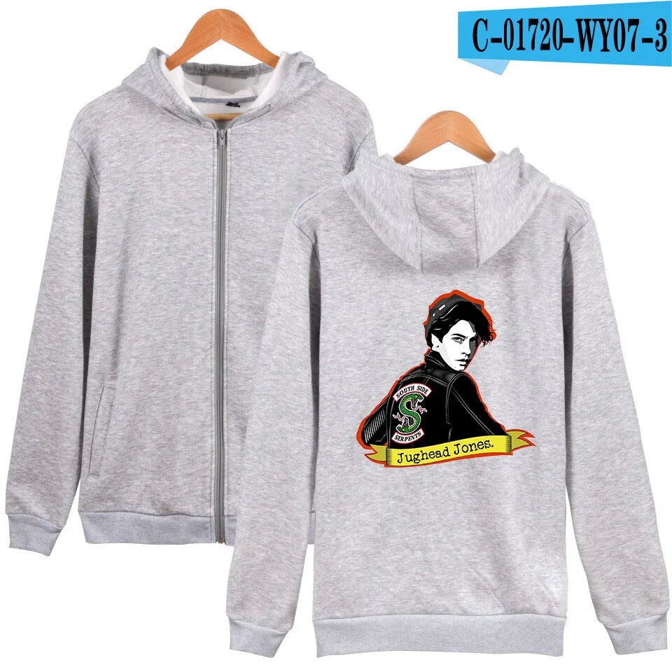 Light grey zip-up hoodie with a plain front and a large graphic print on the back featuring a portrait-style illustration and banner text.