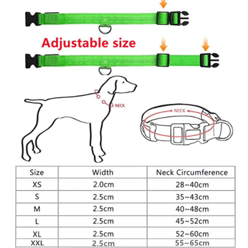 LED Adjustable Glowing Dog Collar Size Chart