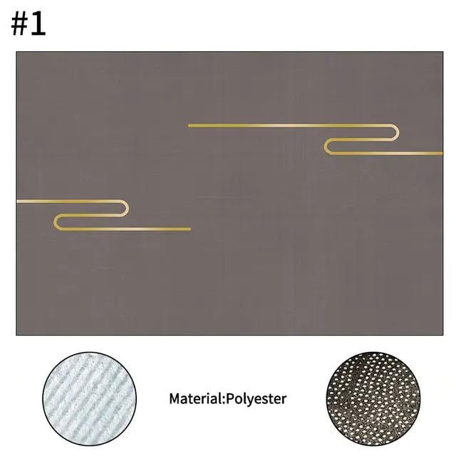 Minimalist rectangular polyester mat in a muted grey tone with simple gold line accents, shown with close-up fabric texture details.