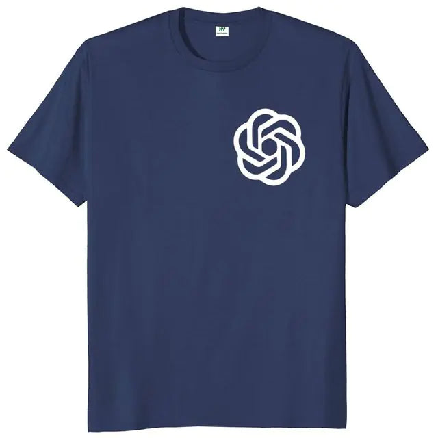 Navy blue crew neck T-shirt with a white logo print on the chest.