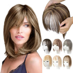 Collage showing a woman wearing a highlighted light-brown layered bob wig with side-swept bangs, plus a close-up of the bangs piece being held and small thumbnails of the wig in multiple color options.