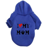 A pet hoodie with a hood and short sleeves, featuring the text 'I ❤️ MY D' printed on the back. The word 'Mum' includes a silhouette of a sitting dog integrated into the letter 'M'.