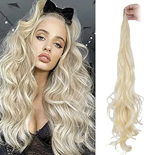 A blonde woman with voluminous, wavy hair styled with a bow, shown next to a strand of long, curly blonde hair extensions.