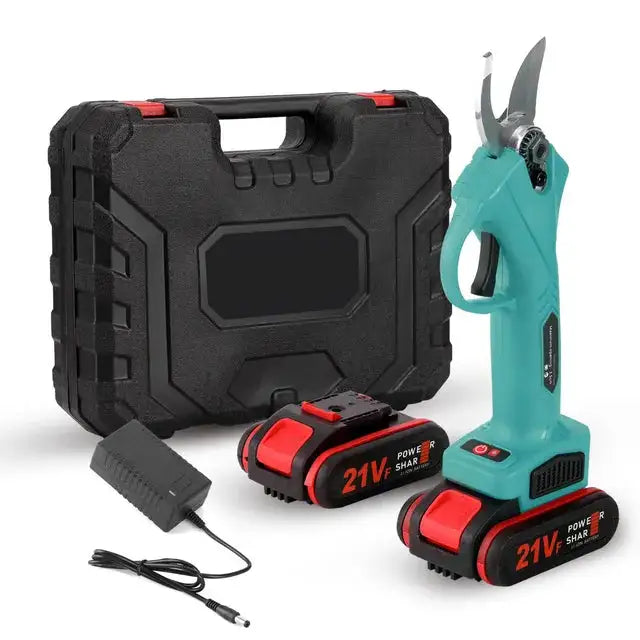 Cordless electric pruning shears set with teal-handled cutter, two 21V batteries, charging adapter, and a black hard carrying case on a white background.