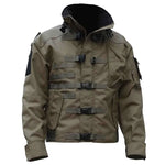 Olive-green tactical jacket with a high collar, multiple front straps and buckles, and black shoulder patches, shown on a white background.