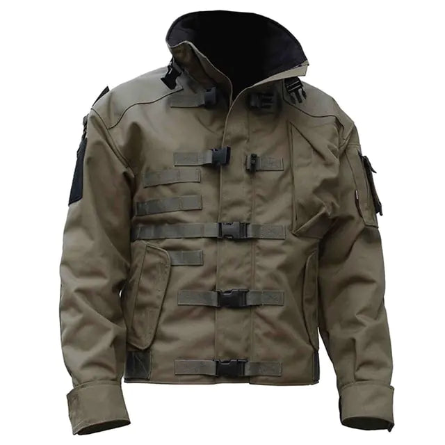 Olive-green tactical jacket with a high collar, multiple front straps and buckles, and black shoulder patches, shown on a white background.