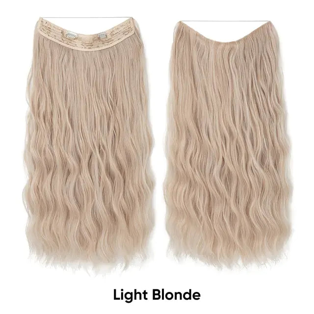 Light blonde wavy clip-in hair extension weft shown from the front and back on a white background, with the label “Light Blonde.