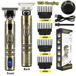 Gold engraved USB-rechargeable hair trimmer kit showing front and back views of the clipper, four guide combs labeled 1.5mm, 2mm, 3mm, and 4mm, a USB cable, cleaning brush, user manual, and product box.