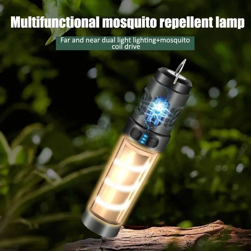 Rechargeable camping lantern with a glowing tube and blue indicator lights hanging from a hook on a wooden post outdoors at night.