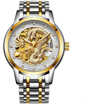 KTETA two-tone stainless steel wristwatch with a gold bezel and bracelet accents, featuring a skeleton-style dial with an ornate gold dragon design and crystal hour markers.”