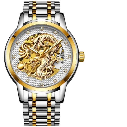 KTETA two-tone stainless steel wristwatch with a gold bezel and bracelet accents, featuring a skeleton-style dial with an ornate gold dragon design and crystal hour markers.”