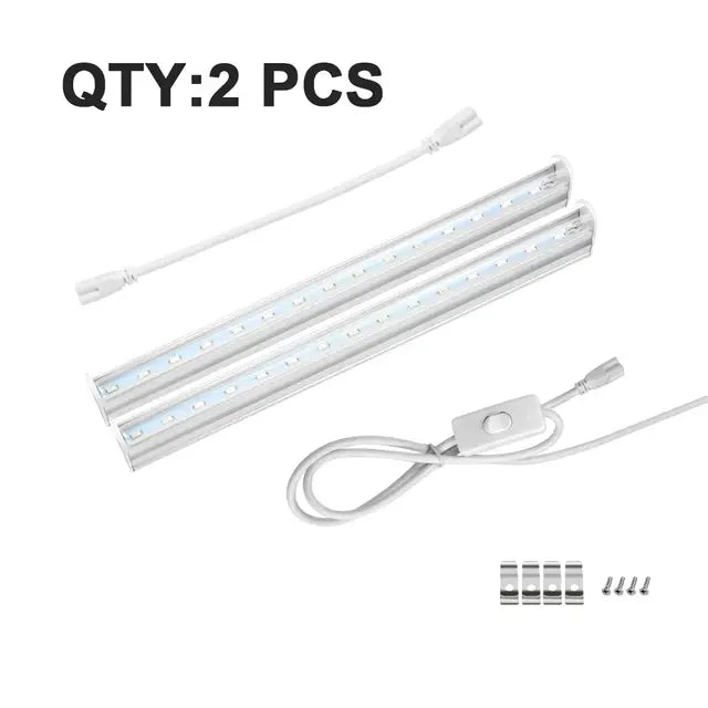 Set of two slim LED light bars with connecting cable and on/off switch cord, plus mounting clips and screws, shown on a white background with “QTY: 2 PCS” text.