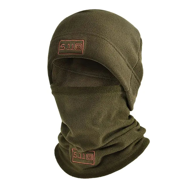 Olive fleece balaclava face cover.
