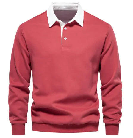 A red long-sleeve polo shirt with a white collar and a three-button placket. The fabric appears soft, and the cuffs and hem have a fitted design. The shirt has a classic and stylish look, suitable for both casual and semi-formal wear.
