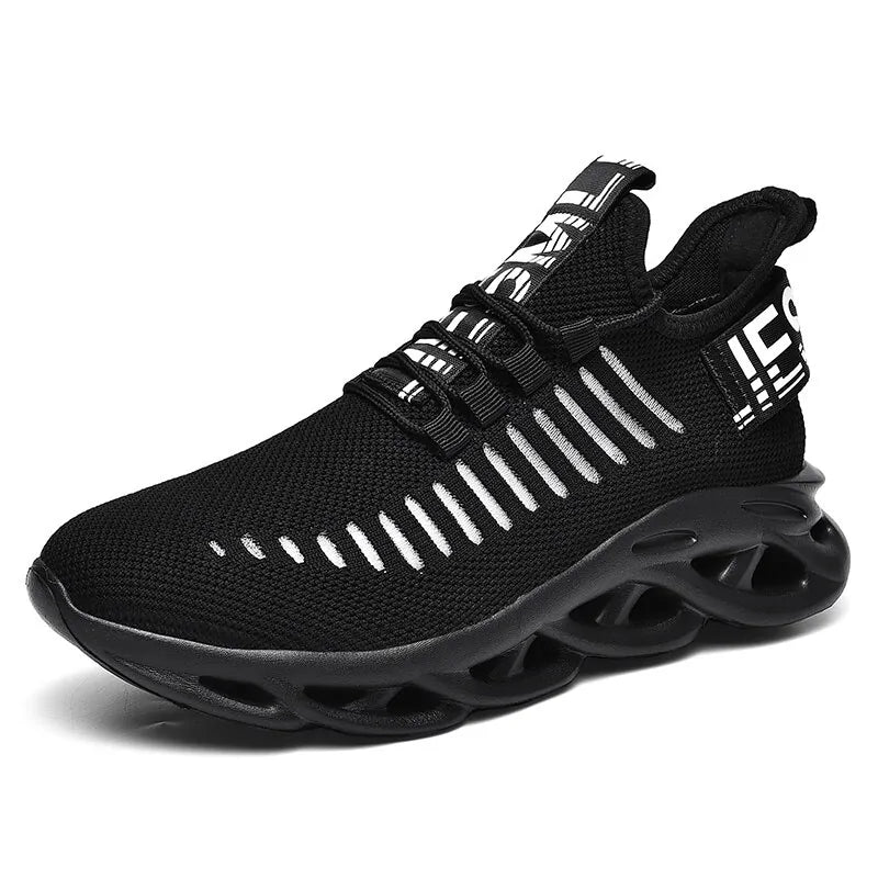 Black athletic sneaker with a breathable knit upper, lace-up front, white striped accents, bold text detailing, and a thick sculpted sole with hollow cutout sections.