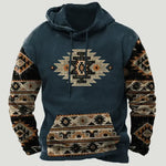 Dark blue hoodie with tribal geometric print on the chest, sleeves and kangaroo pocket.