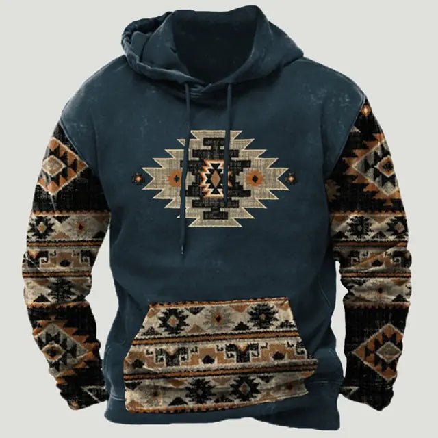 Dark blue hoodie with tribal geometric print on the chest, sleeves and kangaroo pocket.