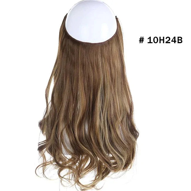 Long wavy dark brown halo hair extension piece with curled ends, shown on a white background.