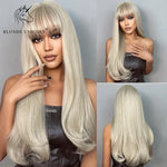 Long wavy blonde wig with darker roots and full fringe, shown on a model from front and back views, featuring soft layers, natural volume, and a smooth blended finish.