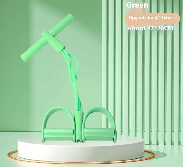 Green resistance band exerciser with foam-covered handlebar and dual foot pedals, connected by four elastic tubes. Designed for home workouts, stretching, or strength training. Displayed against a white background.
