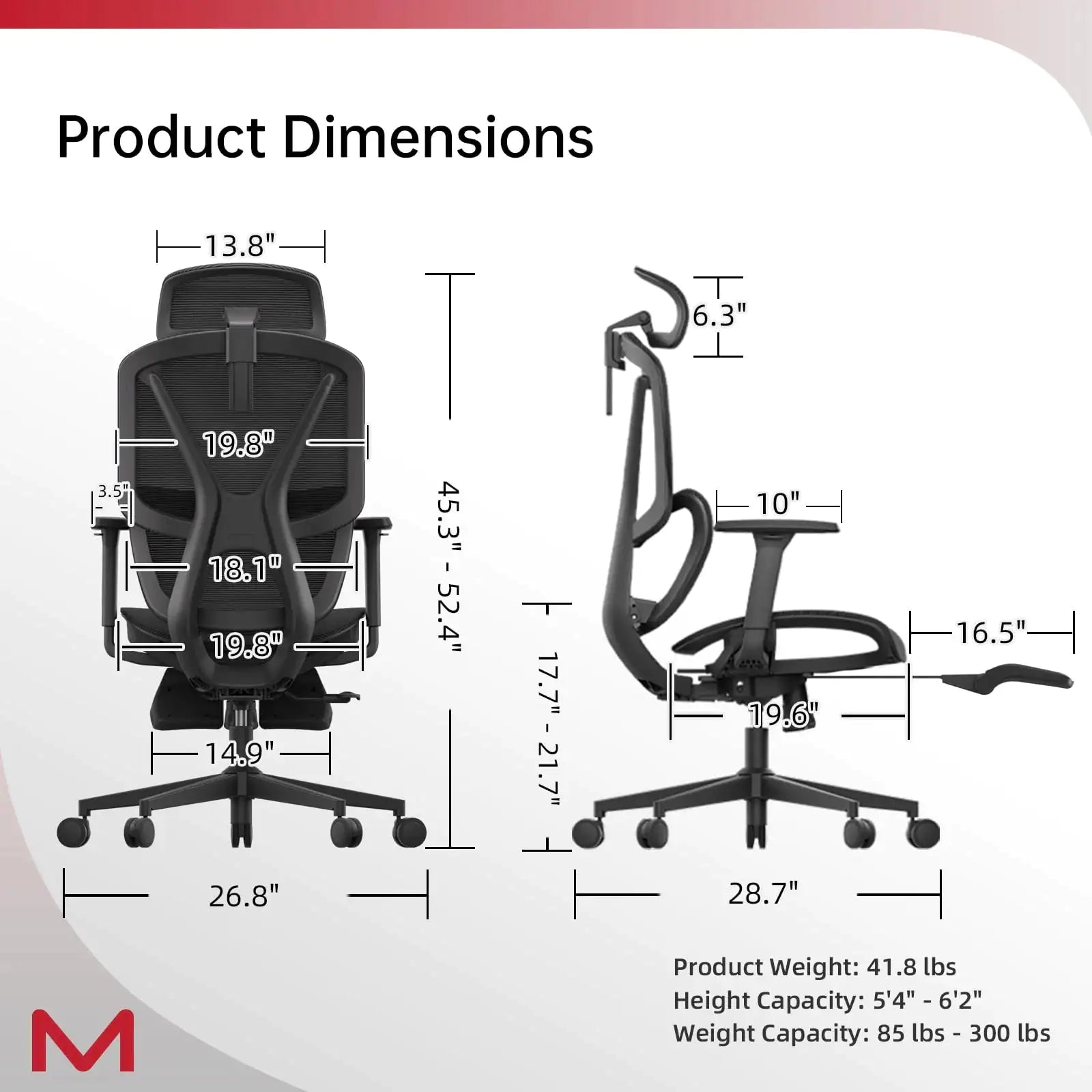 Black office chair with dimensions labelled on a white background