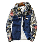 Light grey zip-up hooded jacket with floral print sleeves, drawstring hood and elastic cuffs.

