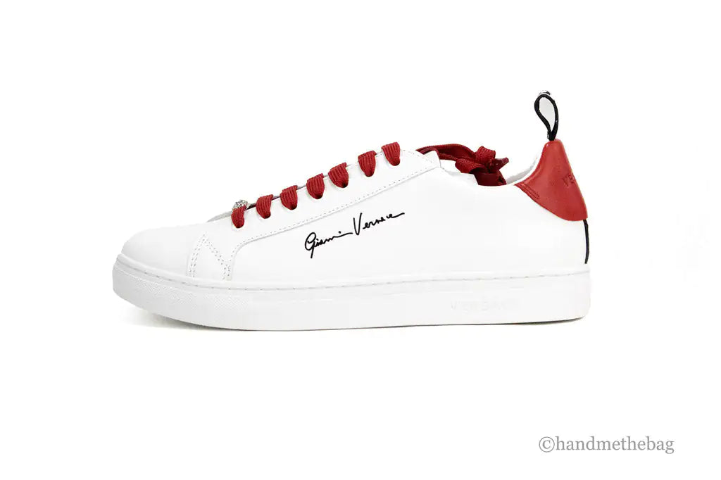 Versace White Red Vitello Signature Leather Sneakers