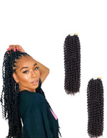 Product image showing a woman wearing long curly twist braids in a high ponytail, alongside two bundles of matching curly braid hair extensions on a white background.