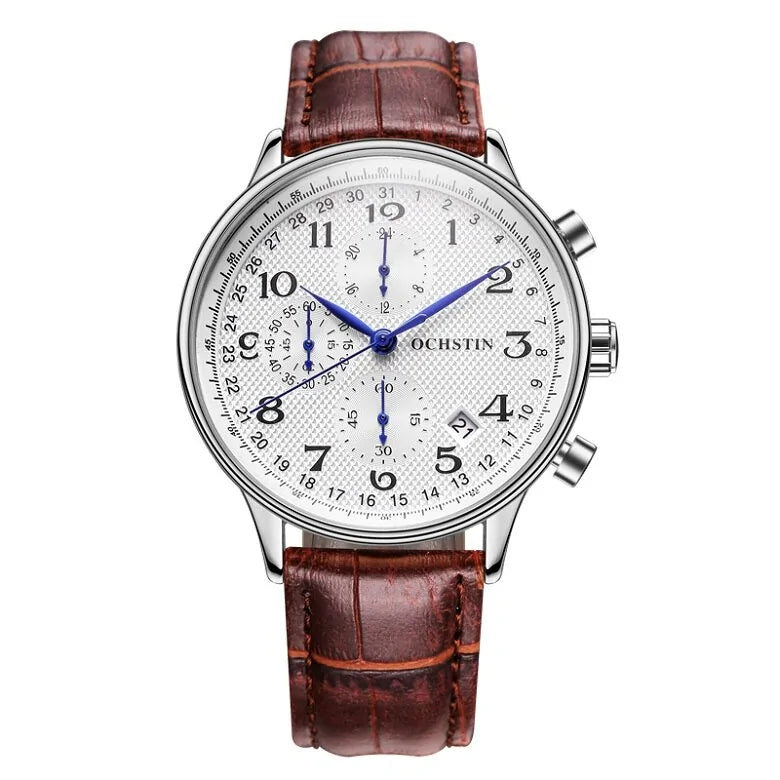 Silver chronograph wristwatch with a white dial, black Arabic numerals, blue hands, three subdials, and a brown leather strap.