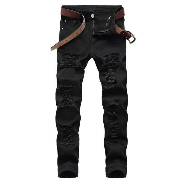 Black distressed skinny jeans with a brown belt.
