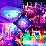Collage showing colorful LED disco lights used in different settings—bathtub, outdoor party, birthday celebration, and swimming pool—with a close-up of the multicolor light in the center.
