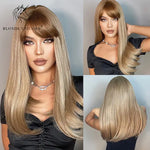 Long wavy blonde wig with darker roots and full fringe, shown on a model from front and back views, featuring soft layers, natural volume, and a smooth blended finish.