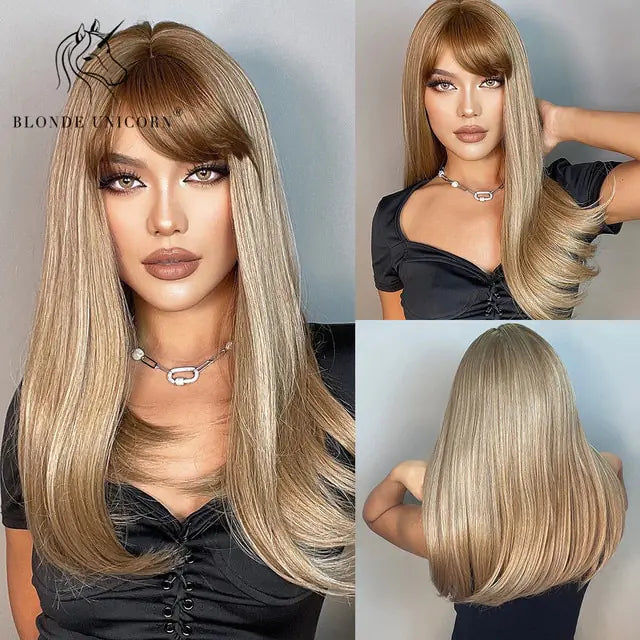 Long wavy blonde wig with darker roots and full fringe, shown on a model from front and back views, featuring soft layers, natural volume, and a smooth blended finish.