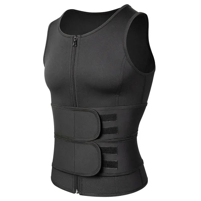 Black zip-front compression vest/waist trainer with sleeveless design and two adjustable Velcro waist straps, shown on a white background.