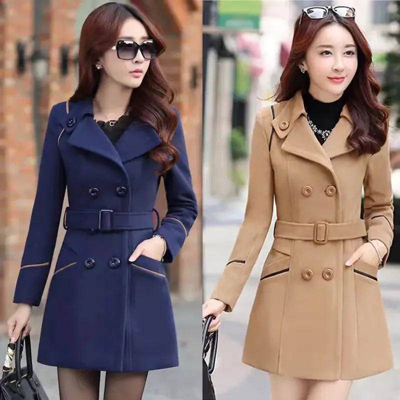 image showing 2 Women wearing Korean Premium Wool Coat, one in navy blue colour and the other in brown colour.