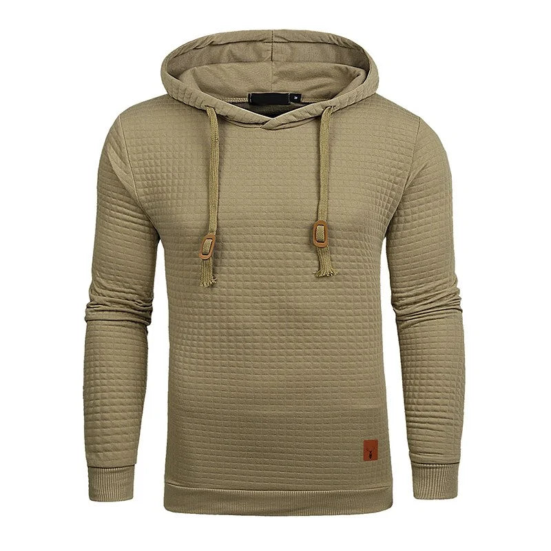 Beige textured pullover hoodie.
