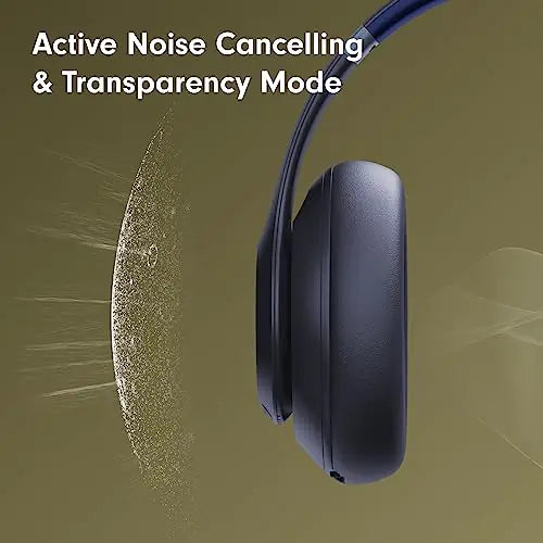 Promotional image of dark over-ear headphones in profile with the text “Active Noise Cancelling & Transparency Mode,” showing stylized sound-wave graphics on a green background.